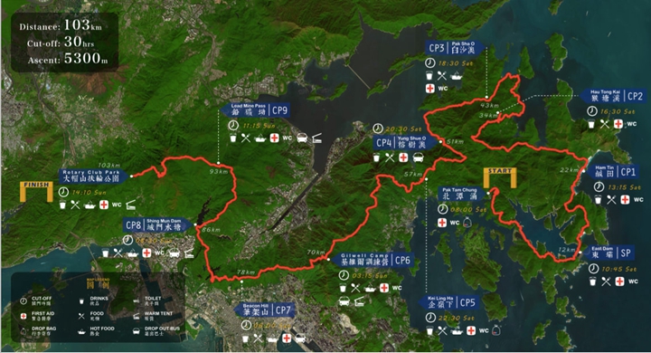 HK100 路線圖,起點北潭涌,終點為大帽山郊野公園。