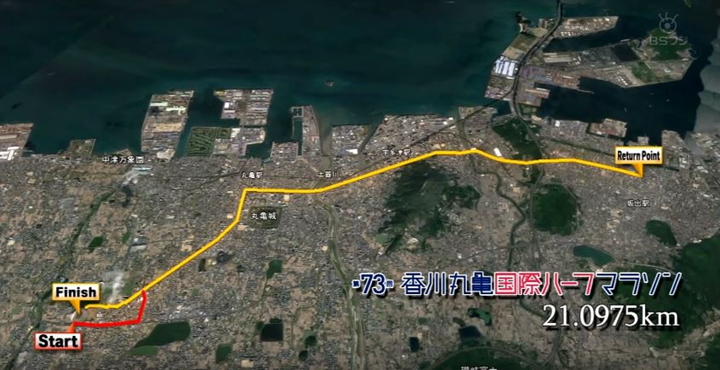 日本香川丸龜半程馬拉松的路線是當趟折返,起先略有下坡,回程相反地就有上坡。圖片來源:Youtube