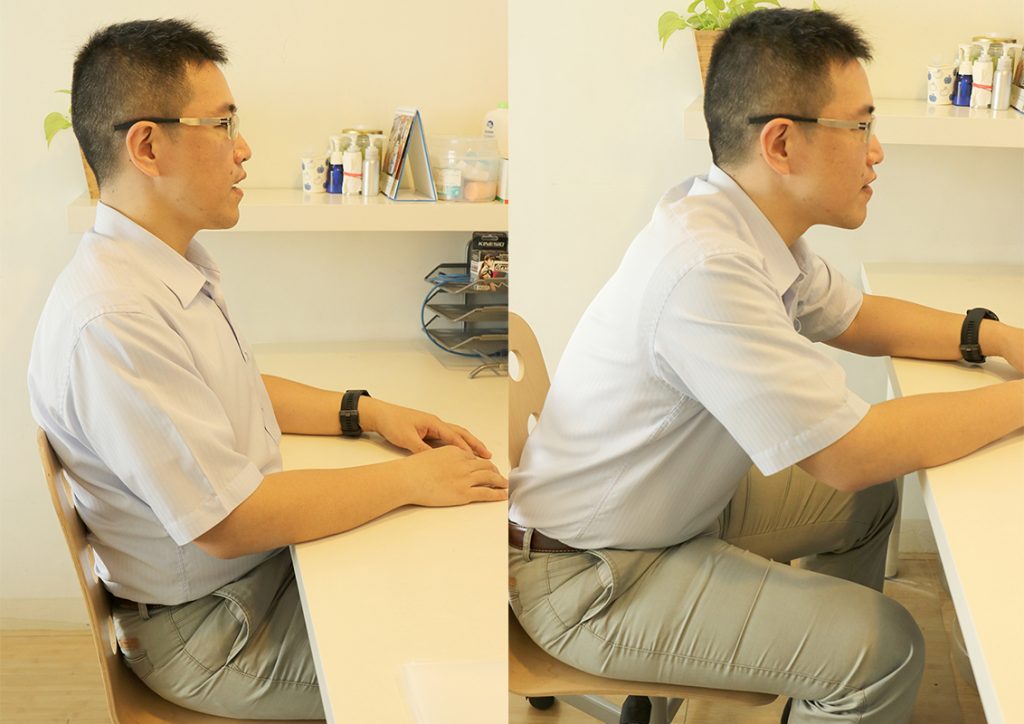 圖左為正確坐姿、圖右為錯誤坐姿。