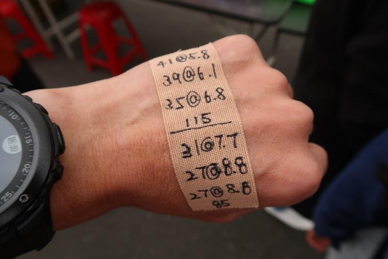 ◎貼在手上以200公里為目標的配速表,提醒自己要降速或加速