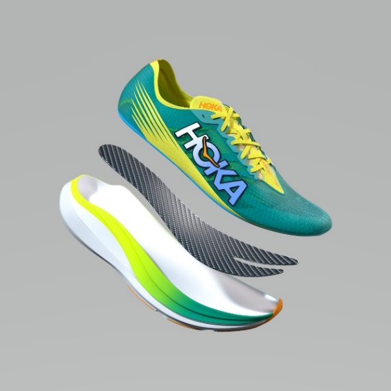 ▲ HOKA ROCKET X 2首度採用更回彈、更緩震的 PEBA 雙層中底泡棉,嵌入勺型碳纖維板與鞋面輕量化設計