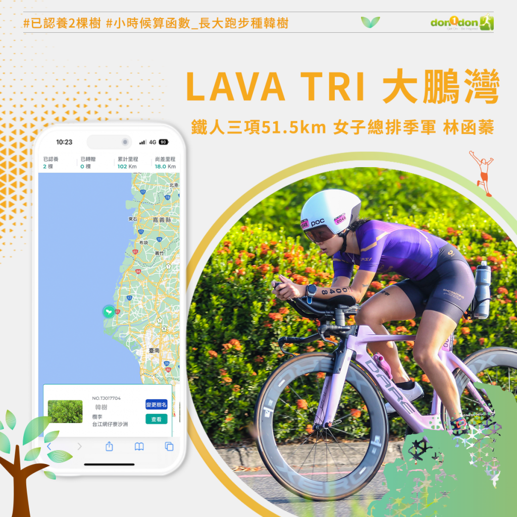 林函蓁完成三場鐵人賽,跑步里程累計超過40公里,成功認領一棵小樹,並將她的專屬小樹取名為:函樹,相當可愛。