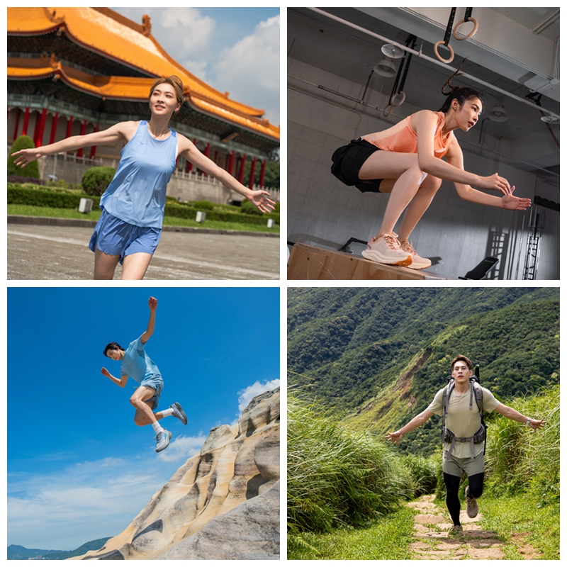 HOKA 為迎接2024年FLY HUMAN FLY與慶祝品牌起源，邀請四位品牌大使詮釋跑步、越野、登山、訓練四種不同情境。（左起胡祖薇、黃宏軒、Morris、林思宇）